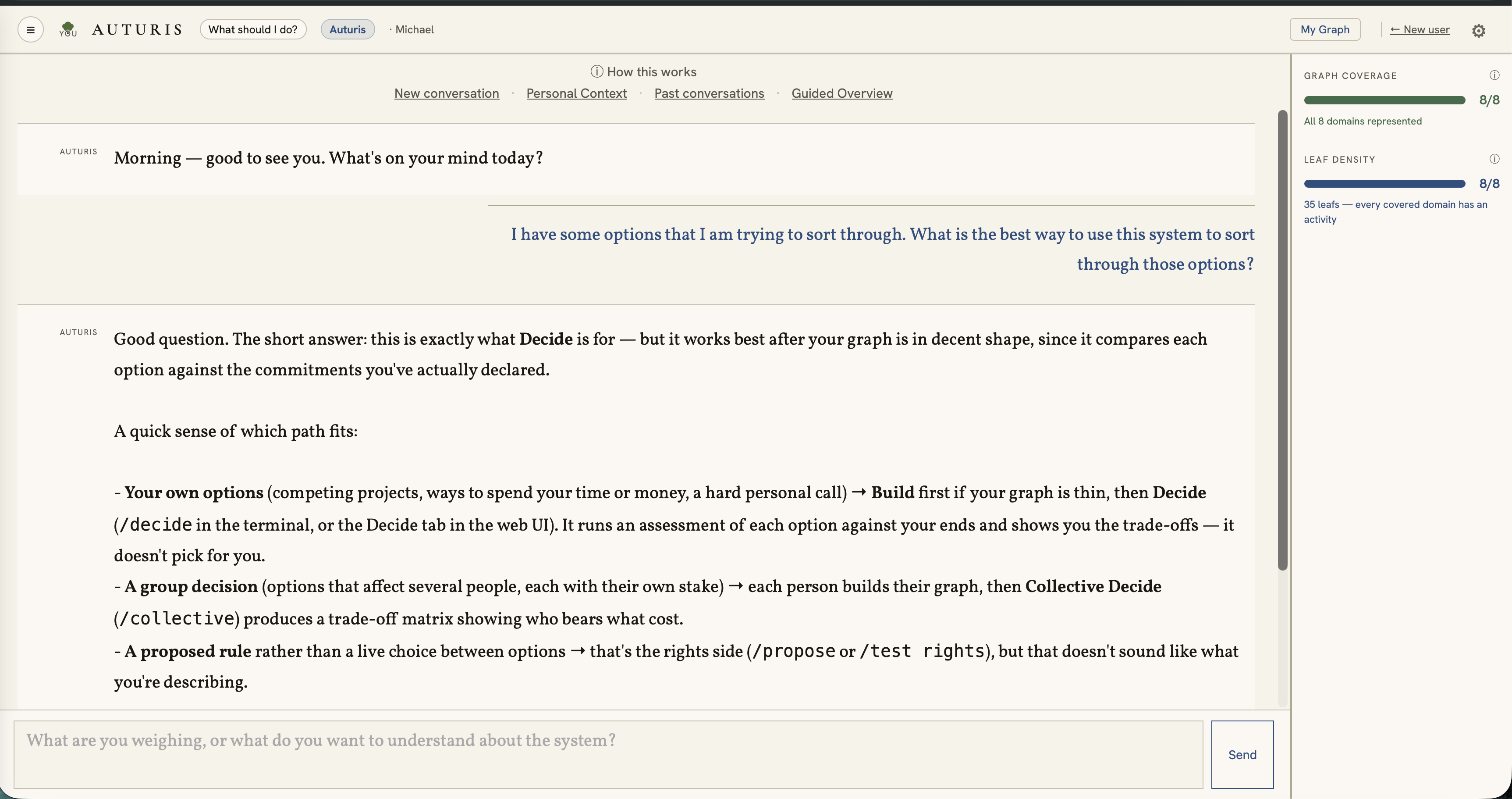 Auturis answering, in a real conversation, which tool fits a given situation — with the graph coverage sidebar showing all 8 domains represented, grounding the answer in the user's own graph