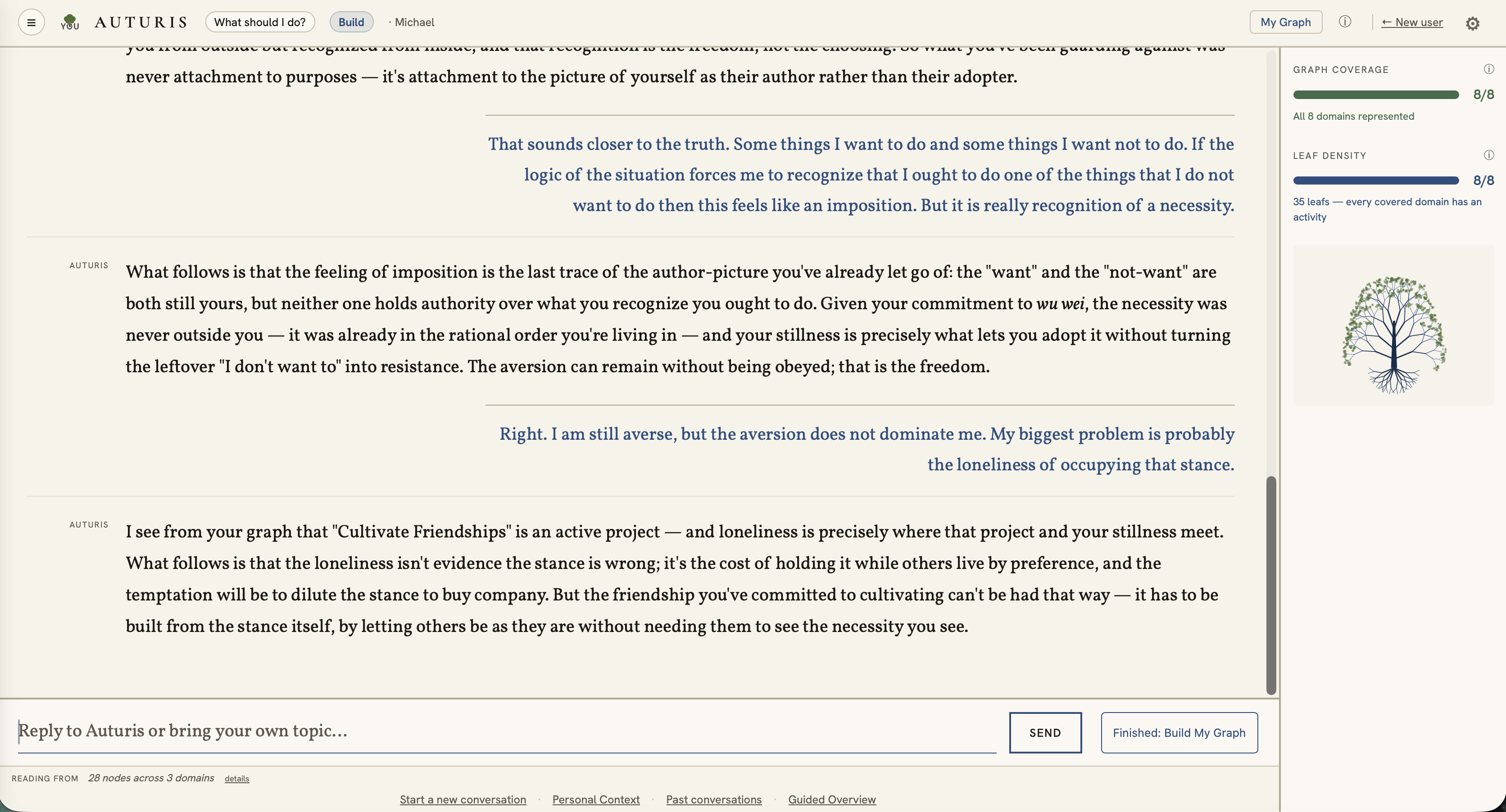 The Build tool: a guided conversation reflecting on a person's own values, referencing their graph directly as it goes — 'I see from your graph that Cultivate Friendships is an active project'
