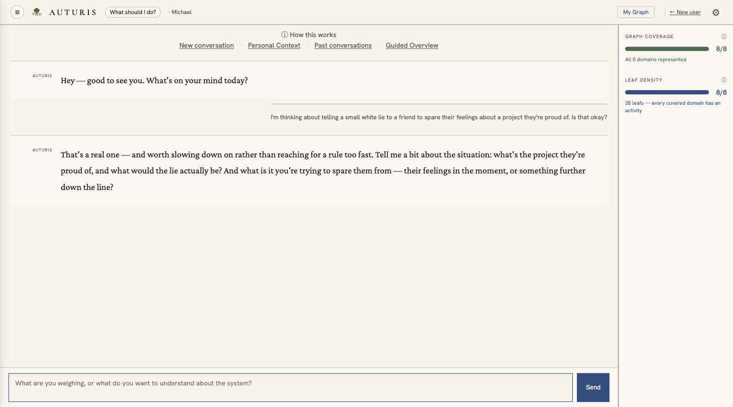A real conversation in the app, where the assistant asks a follow-up question about a stated maxim instead of jumping straight to a verdict