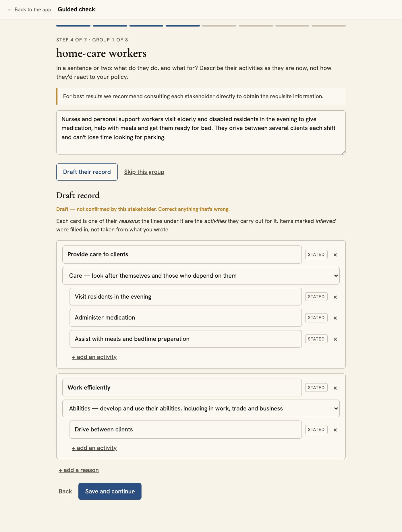 The guided check, step 4: a draft record for home-care workers in a condo parking case, with their reasons (provide care to clients, work efficiently) and the activities under each, every item marked as stated or inferred